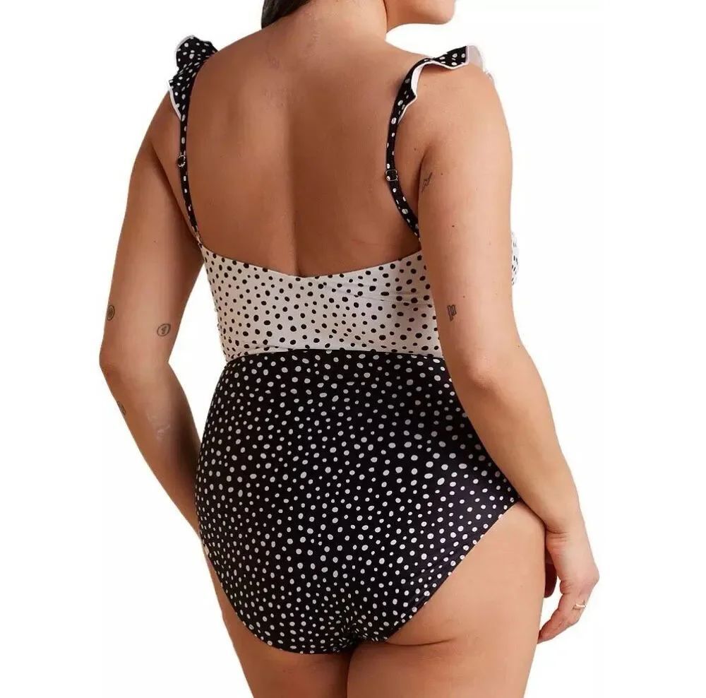 Summersalt The Ruffle Oasis One-Piece Swimsuit Black Cream Polka Dot Women’s 12 - Picture 2 of 10